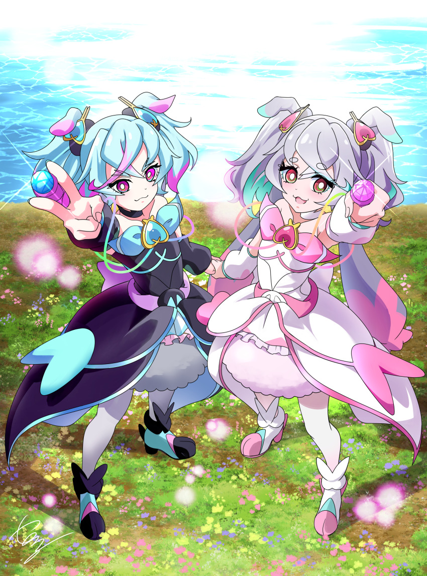 2girls, :3, absurdres, animal_ears, ankle_boots, aqua_hair, arm_up, artist_logo, black_choker, black_footwear, black_sleeves, blue_hair, boots, bright_pupils, brooch, brown_eyes, choker, closed_mouth, commentary_request, commission, cure_puca, cure_supreme, detached_sleeves, dress, grass, grey_hair, hair_ornament, highres, holding, holding_hands, jewelry, logo, looking_at_viewer, magical_girl, medium_dress, medium_hair, multiple_girls, ocean, open_mouth, pantyhose, partial_commentary, pink_hair, precure, precure_all_stars, precure_all_stars_f, preme_(precure), puca_(precure), purple_eyes, side-by-side, signature, skeb_commission, smile, sparkle, standing, strapless, strapless_dress, tirofinire, twintails, two-tone_dress, v, white_choker, white_dress, white_footwear, white_pantyhose, white_pupils, white_sleeves