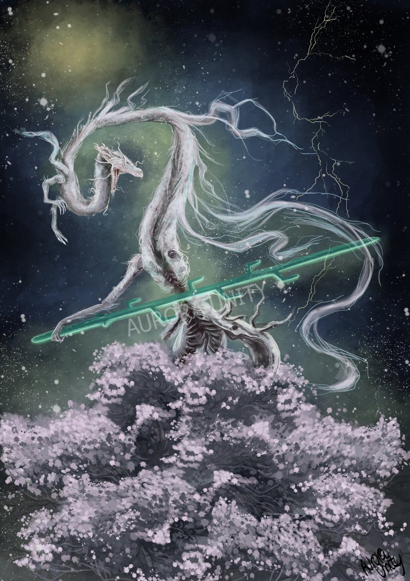 artist_name, aurora_unity, branch, commentary, divine_dragon_(sekiro), dragon, eastern_dragon, english_commentary