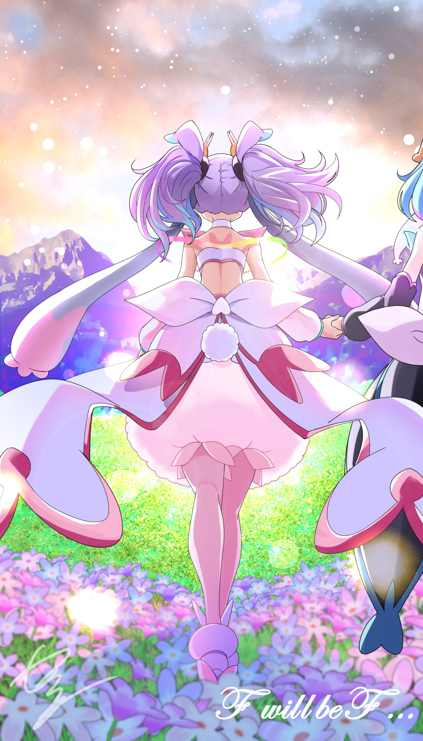 2girls, absurdres, animal_ears, ankle_boots, aqua_hair, artist_name, back, backlighting