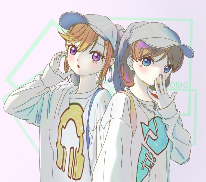 :o, blue_eyes, blush, brown_hair, earrings, grey_shirt, hand_on_own_cheek, hand_on_own_face