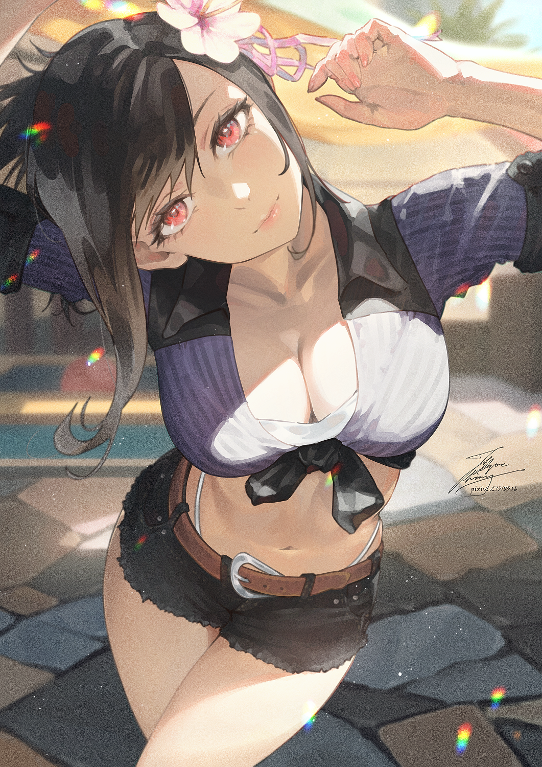 1girl, arms_up, belt, belt_buckle, black_hair, blurry, blurry_background, breasts