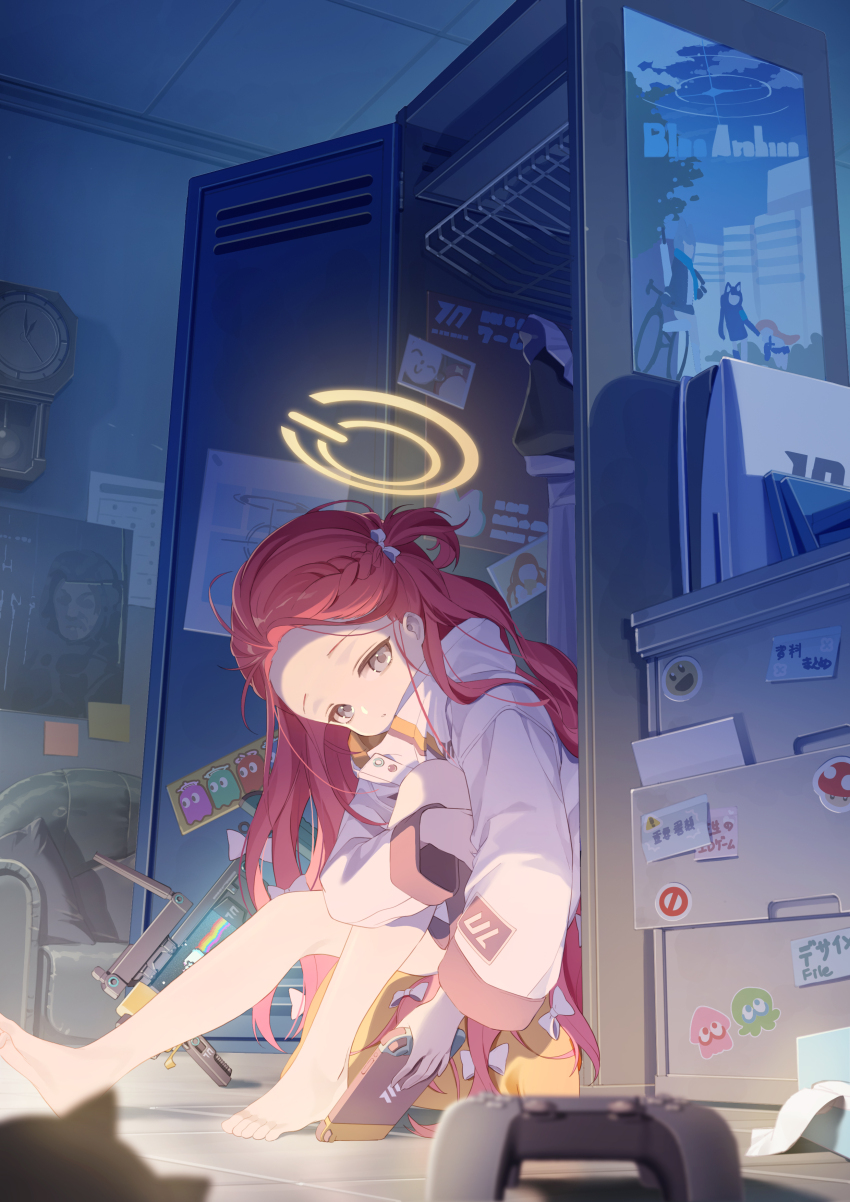 1girl, absurdres, barefoot, blue_archive, blurry, blurry_foreground, bow, braid