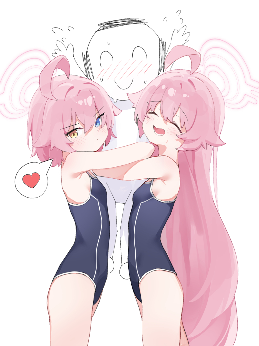 1boy, 2girls, ^_^, ahoge, arms_up, arsyky14, bare_shoulders, black_one-piece_swimsuit