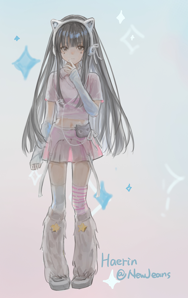 1girl, animal_ear_headphones, animal_ears, asymmetrical_legwear, black_hair, blunt_bangs, cable, cat_ear_headphones