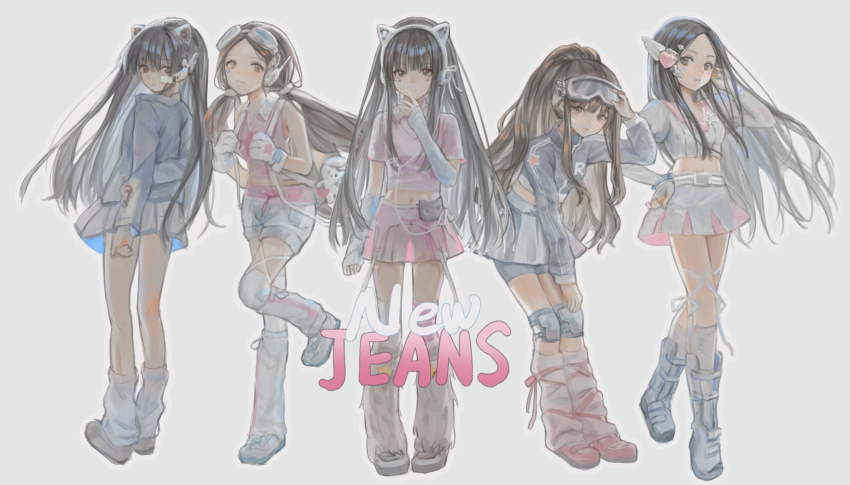 5girls, adjusting_eyewear, animal_ear_headphones, animal_ears, animification, arms_behind_back, asymmetrical_legwear, backpack