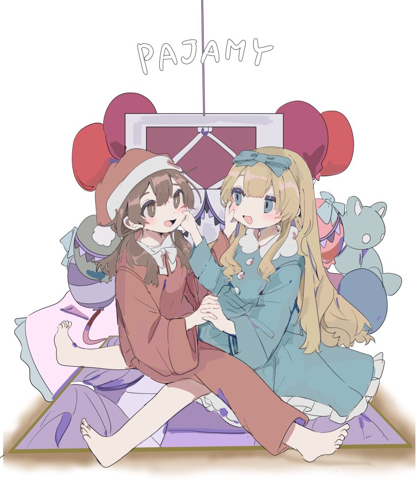 2girls, balloon, barefoot, between_legs, blonde_hair, blue_dress, blue_eyes, blush