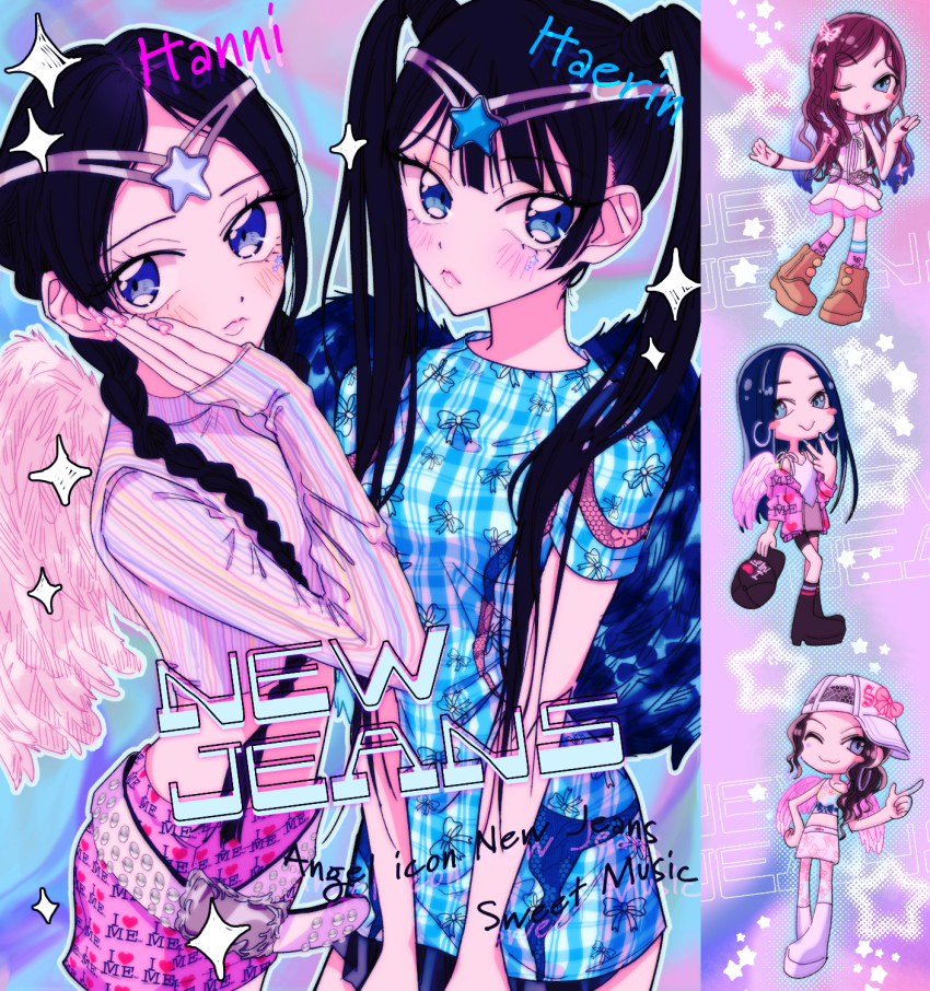 5girls, animal_ears, baseball_cap, black_footwear, blue_shirt, blush, boots, braid