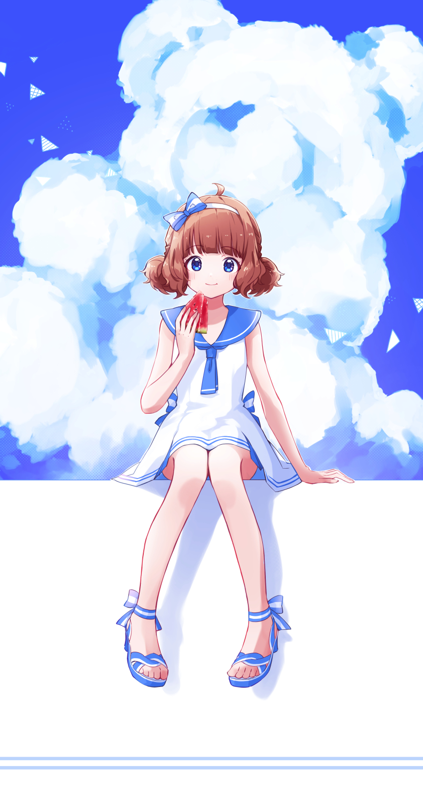 1girl, absurdres, ahoge, arm_support, bare_legs, blue_eyes, blue_sailor_collar, blue_sandals, blush, bow_hairband, brown_hair, cloud, dress, eating, ewokaku33, food, fruit, hairband, highres, holding, holding_food, holding_fruit, idolmaster, idolmaster_million_live!, knees_apart_feet_together, looking_at_viewer, sailor_collar, sailor_dress, sailor_swimsuit_(idolmaster), sandals, short_twintails, sitting, sky, smile, solo, stuffed_animal, stuffed_toy, suou_momoko, teddy_bear, toes, twintails, watermelon