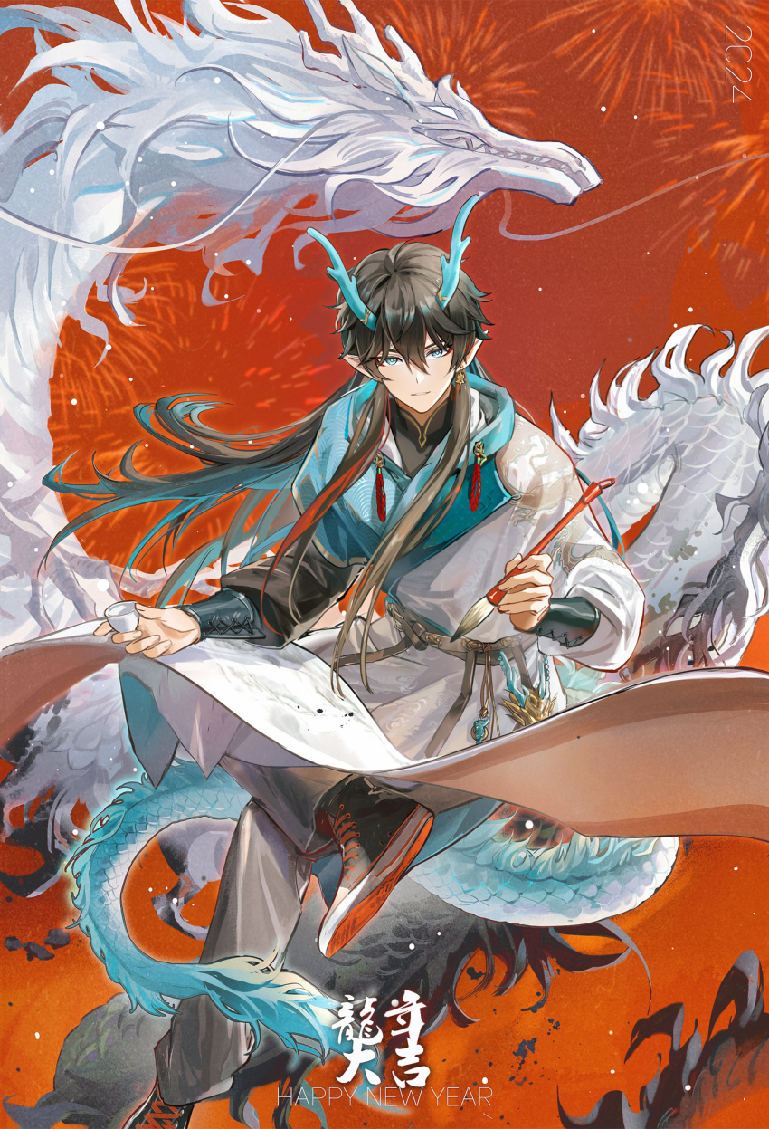 1boy, 2024, achyue, aerial_fireworks, antlers, arm_guards, belt, black_footwear