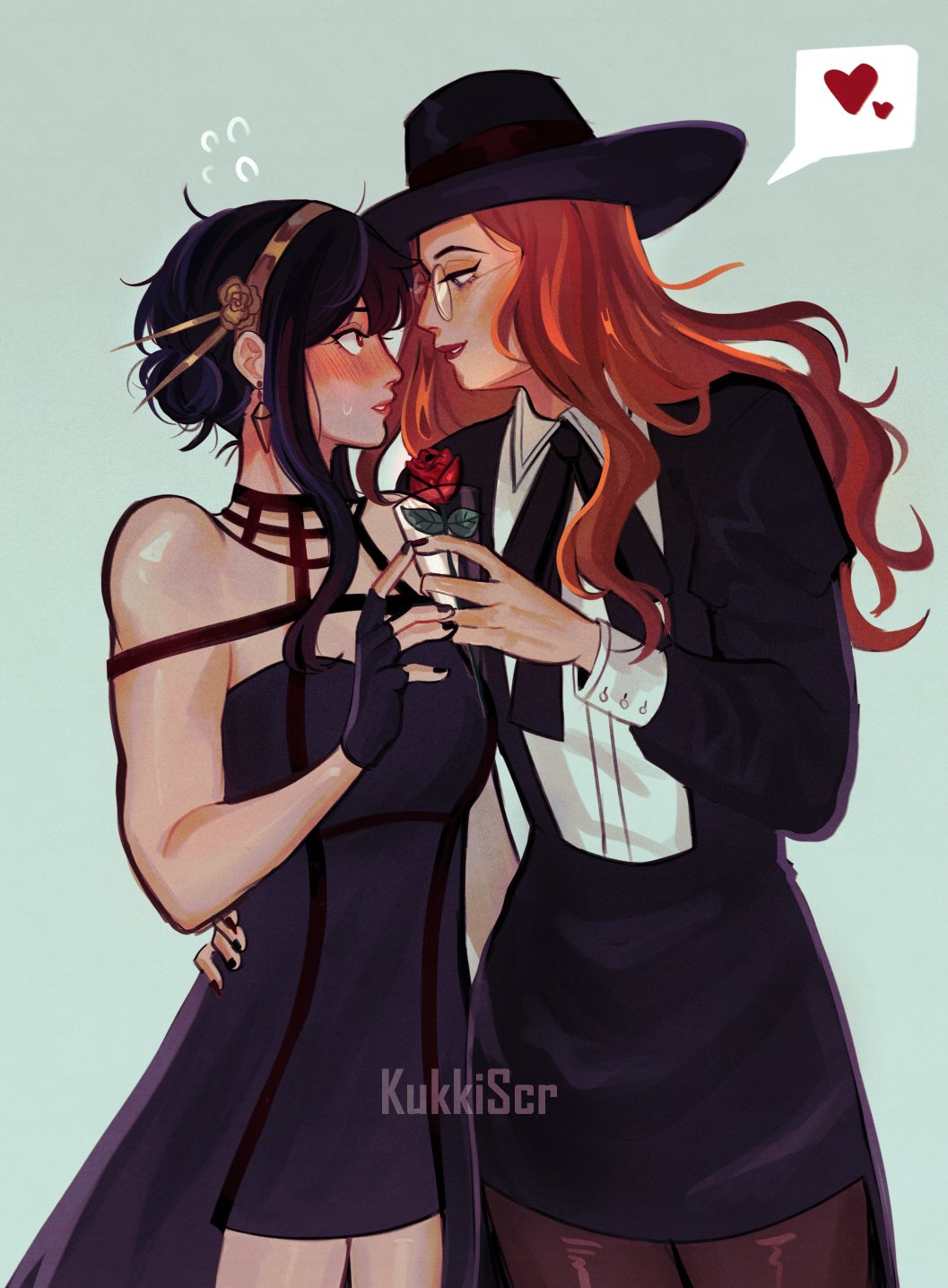 age_difference, bare_shoulders, black_dress, black_hair, black_headwear, blush, breasts, cleavage, dress, earrings, flower, flying_sweatdrops, glasses, gloves, gold_earrings, gold_hairband, hair_ornament, hairband, hand_on_another's_hip, hat, heart, highres, holding, jewelry, khessamaya, large_breasts, long_hair, long_sleeves, mature_female, multiple_girls, open_mouth, pantyhose, red_eyes, round_eyewear, sidelocks, smile, speech_bubble, spoken_heart, spy_x_family, sylvia_sherwood, two-sided_dress, two-sided_fabric, wide_brim, yor_briar, yuri