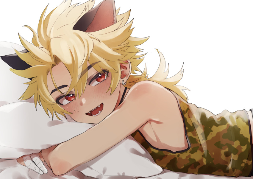 1boy, absurdres, animal_ears, armpits, bandages, black_choker, black_ears, blonde_hair, blush, camouflage, camouflage_shirt, cat_boy, cat_ears, choker, commission, earrings, fangs, ferea_bimi, highres, hugging_object, indie_virtual_youtuber, jewelry, kainen, looking_at_viewer, lying, male_focus, on_stomach, open_mouth, pillow, pillow_hug, red_eyes, shirt, skeb_commission, solo, tank_top, trap, virtual_youtuber