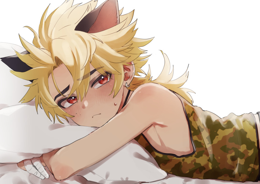 1boy, absurdres, animal_ears, armpits, bandages, black_choker, black_ears, blonde_hair, blush, camouflage, camouflage_shirt, cat_boy, cat_ears, choker, commission, earrings, ferea_bimi, highres, hugging_object, indie_virtual_youtuber, jewelry, kainen, looking_at_viewer, lying, male_focus, on_stomach, pillow, pillow_hug, red_eyes, shirt, skeb_commission, solo, tank_top, trap, virtual_youtuber