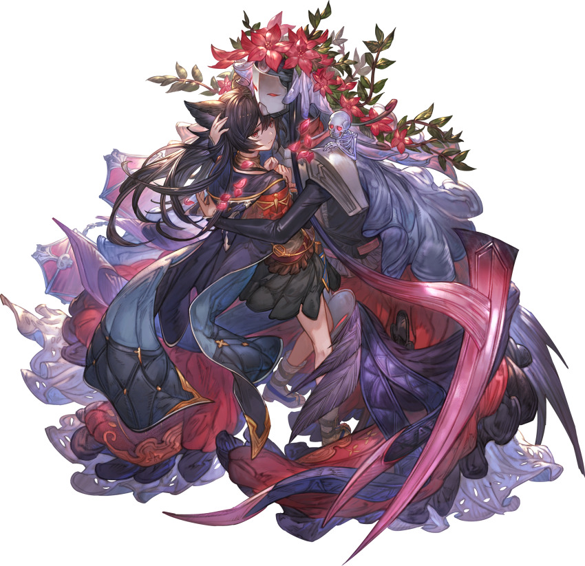 1girl, 1other, animal_ears, bags_under_eyes, black_hair, cape, closed_mouth, death_(granblue_fantasy)