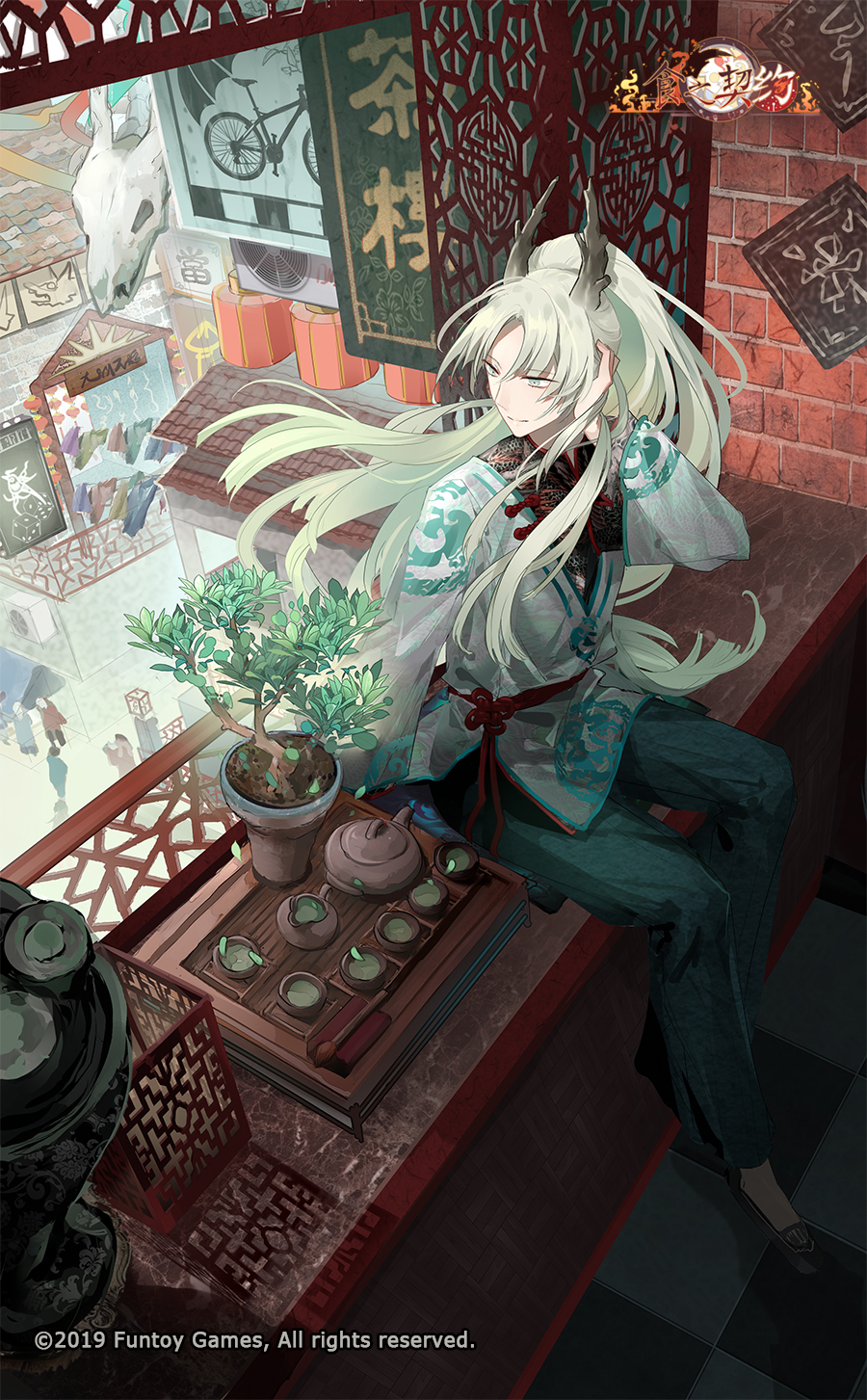 1boy, animal_skeleton, architecture, beartoris, black_footwear, black_shirt, blunt_ends, brick_wall, building, chinese_clothes, closed_mouth, copyright_name, copyright_notice, cup, day, dragon, dragon_boy, dragon_horns, east_asian_architecture, flats, flower_knot, food_fantasy, full_body, green_eyes, green_hair, green_pants, green_tea, hand_in_own_hair, highres, horns, indoors, jacket, lantern, lattice, long_hair, long_sleeves, longjing_tea_(food_fantasy), looking_back, looking_outside, official_art, pants, parted_bangs, patterned_clothing, plant, ponytail, potted_plant, rope_belt, shirt, sitting, smile, tangzhuang, tassel, tea, teapot, town, tray, very_long_hair, white_jacket, window