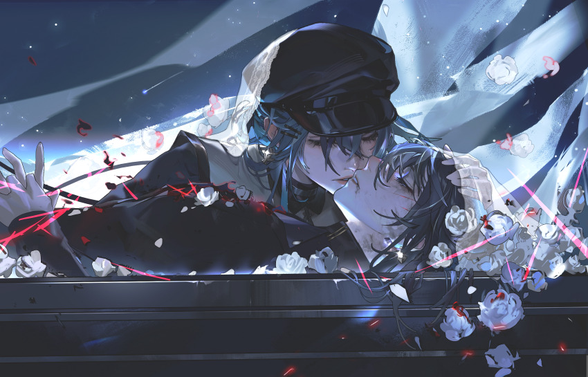 2girls, black_headwear, bridal_veil, chief_(path_to_nowhere), chinese_commentary, closed_eyes, coffin, commentary