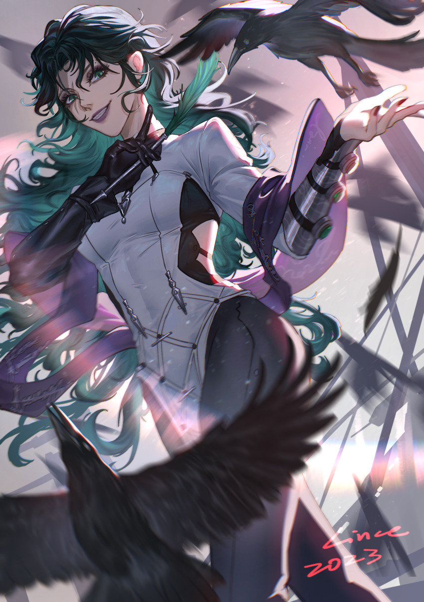 1girl, 2023, absurdres, bird, black_feathers, black_gloves, black_leggings, breasts