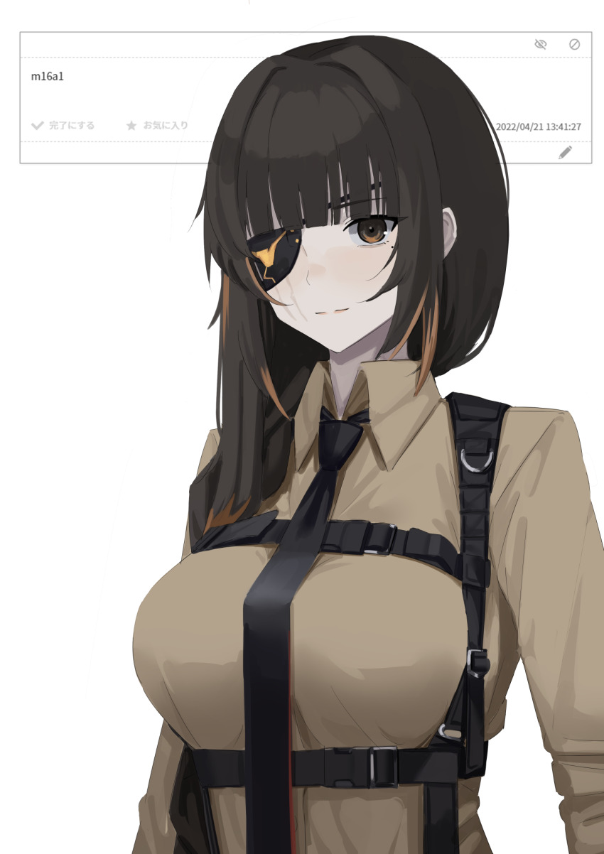 1girl, black_hair, black_necktie, breasts, brown_eyes, brown_shirt, collared_shirt, eyepatch