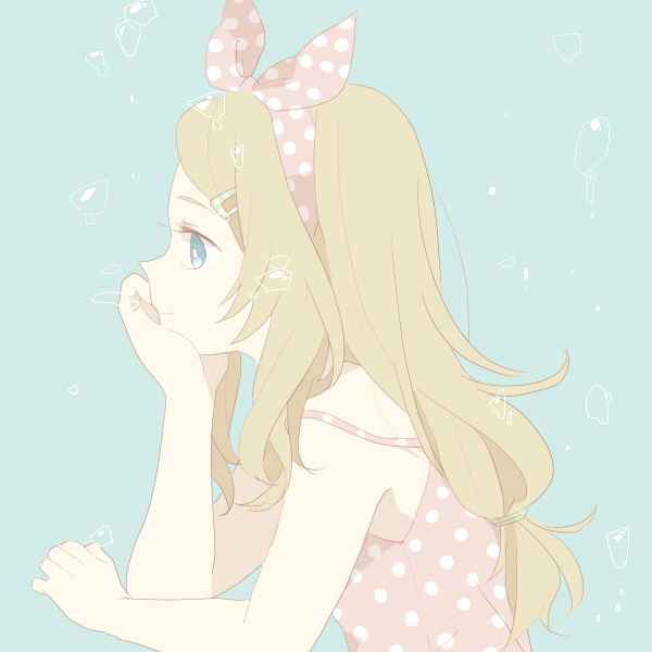 1girl, ai_ne_ko, air_bubble, arm_rest, bare_arms, blonde_hair, blue_eyes, bow_hairband