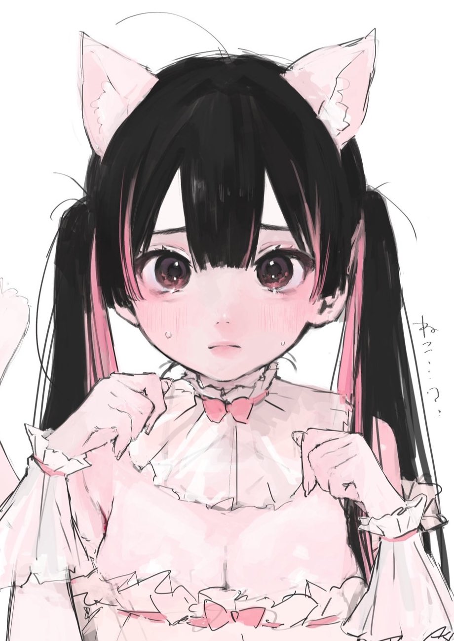 1girl, animal_ear_fluff, animal_ears, armpit_crease, black_hair, blush, bow, breasts