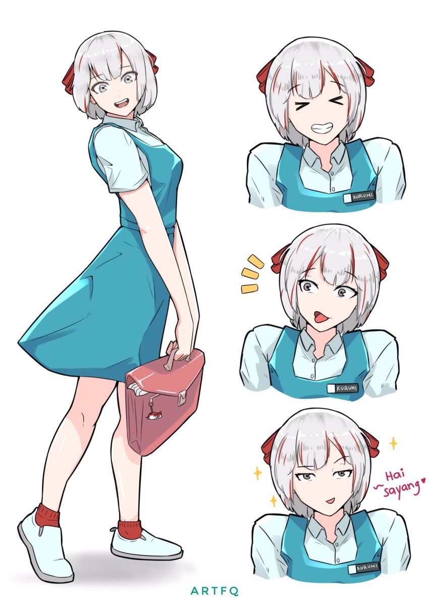 1girl, alternate_costume, aozora_kurumi, artist_name, bag, dress, feeq, full_body