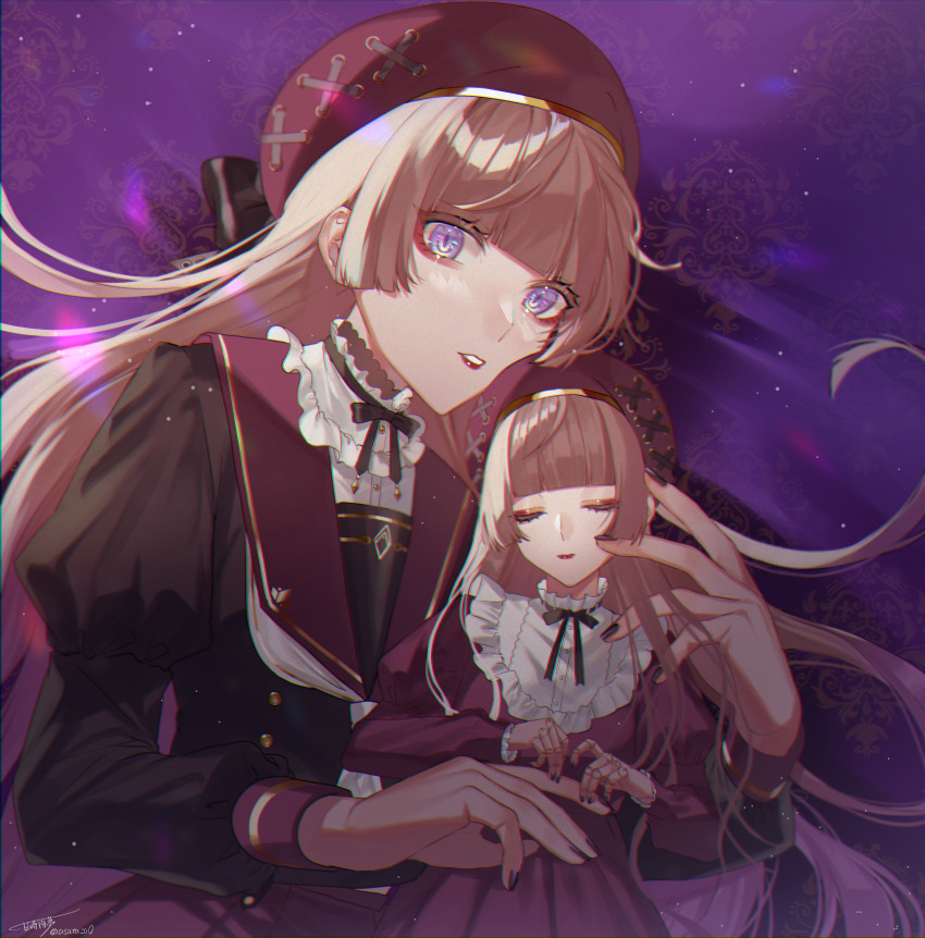 1girl, absurdres, amazaki_umu, beret, black_bow, black_nails, black_ribbon, black_shirt