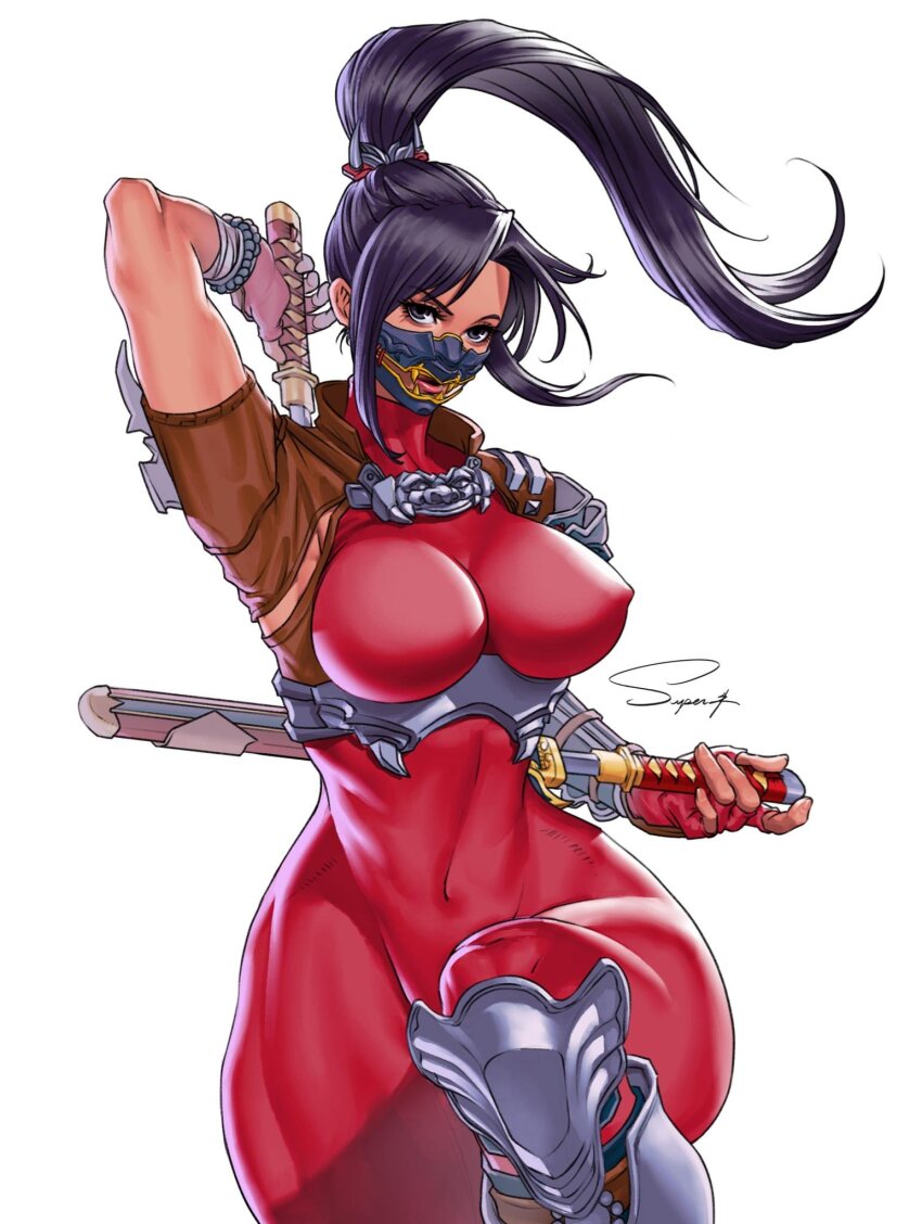 1girl, arm_guards, armor, black_hair, bodysuit, covered_erect_nipples, grey_eyes, high_ponytail