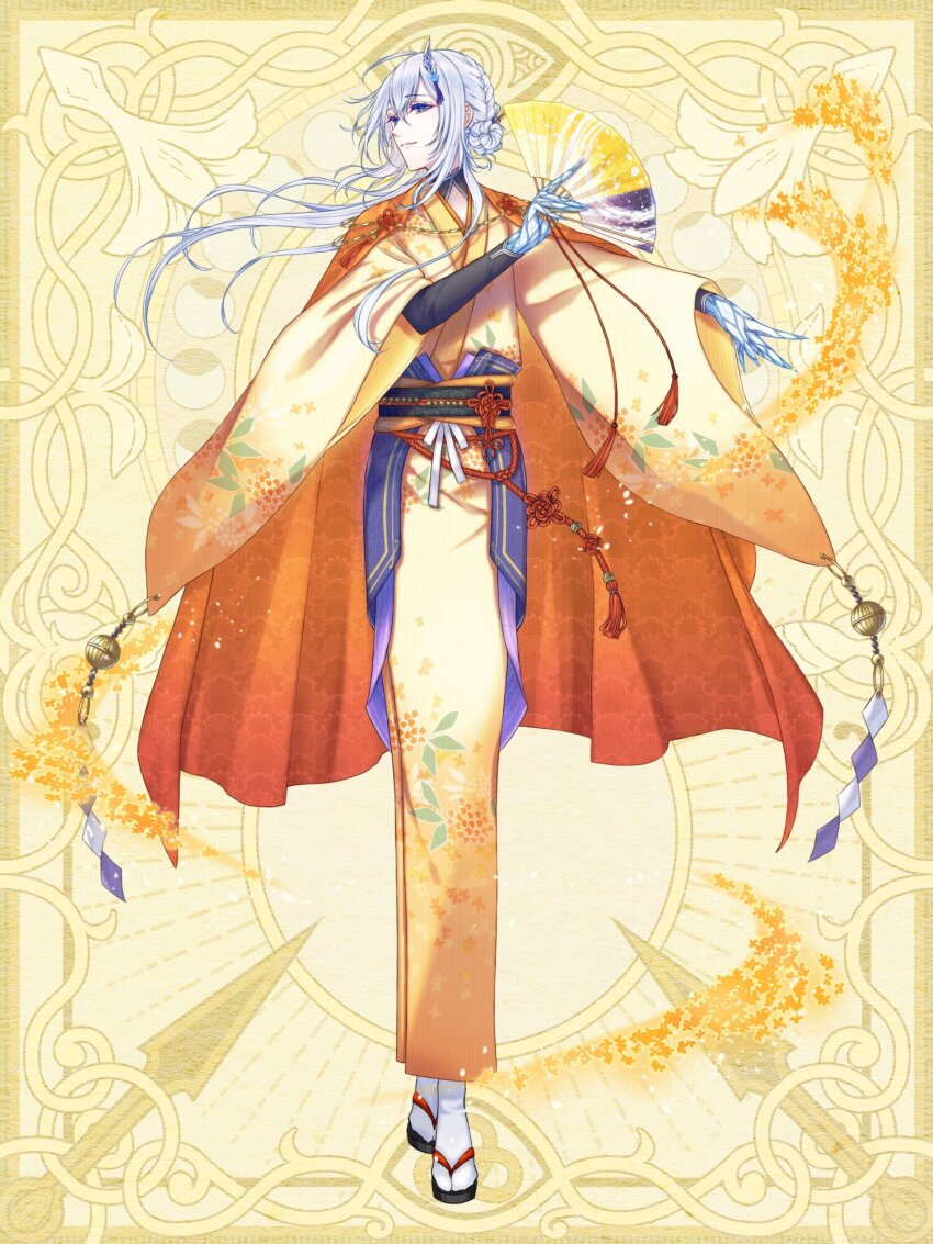 1boy, androgynous, black_sash, black_sleeves, black_socks, blue_eyes, braid, cape