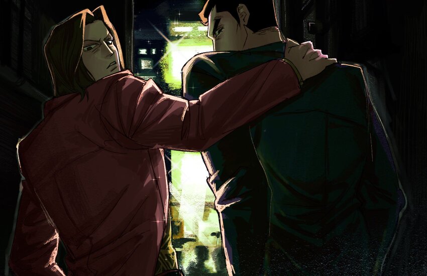 2boys, arm_around_shoulder, arm_up, black_eyes, black_hair, black_jacket, cowboy_shot, dlcu3w, highres, jacket, kiryu_kazuma, long_sleeves, looking_at_viewer, male_focus, medium_hair, multiple_boys, night, nishikiyama_akira, outdoors, parted_lips, profile, red_jacket, ryuu_ga_gotoku_(series), ryuu_ga_gotoku_0, short_hair, standing, v-shaped_eyebrows