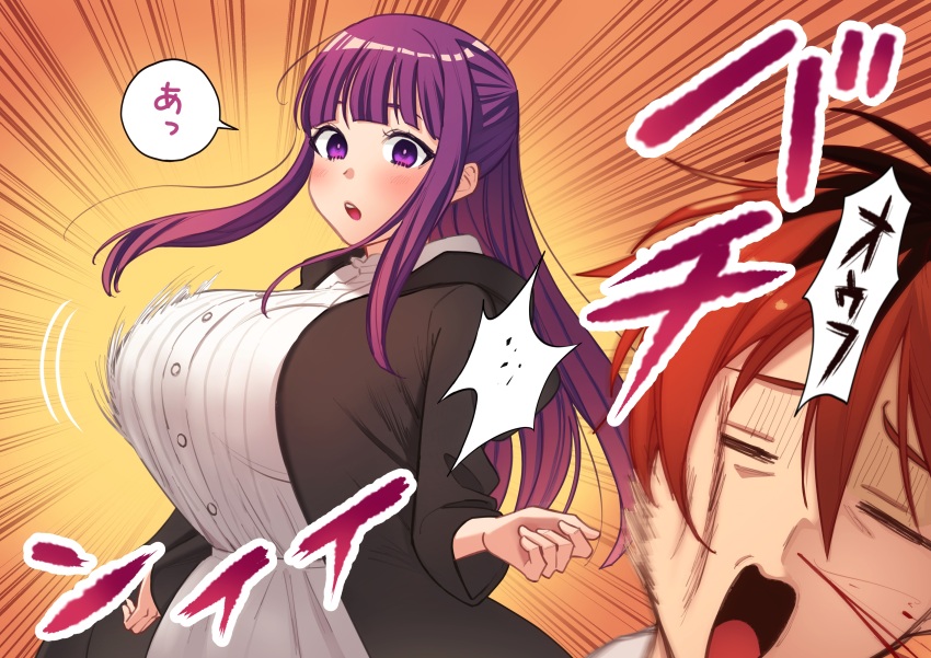 1boy, 1girl, :o, absurdres, black_coat, black_hair, blood, blood_on_face