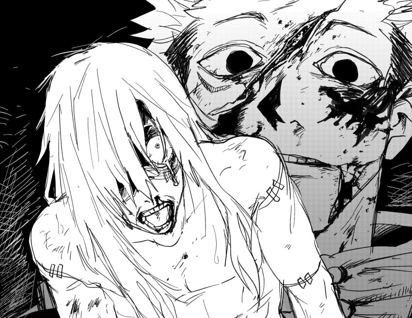 2boys, blood, blood_on_face, crying, dlcu3w, greyscale, hair_over_one_eye, highres, itadori_yuji, jujutsu_kaisen, long_hair, mahito_(jujutsu_kaisen), male_focus, monochrome, multiple_boys, nosebleed, open_mouth, patchwork_skin, scar, scar_on_face, short_hair, sketch, smile, streaming_tears, tears, teeth, topless_male, upper_body