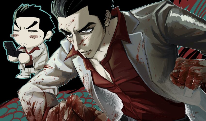 1boy, beard, black_background, black_eyes, black_hair, blood, blood_on_face, blood_on_hands