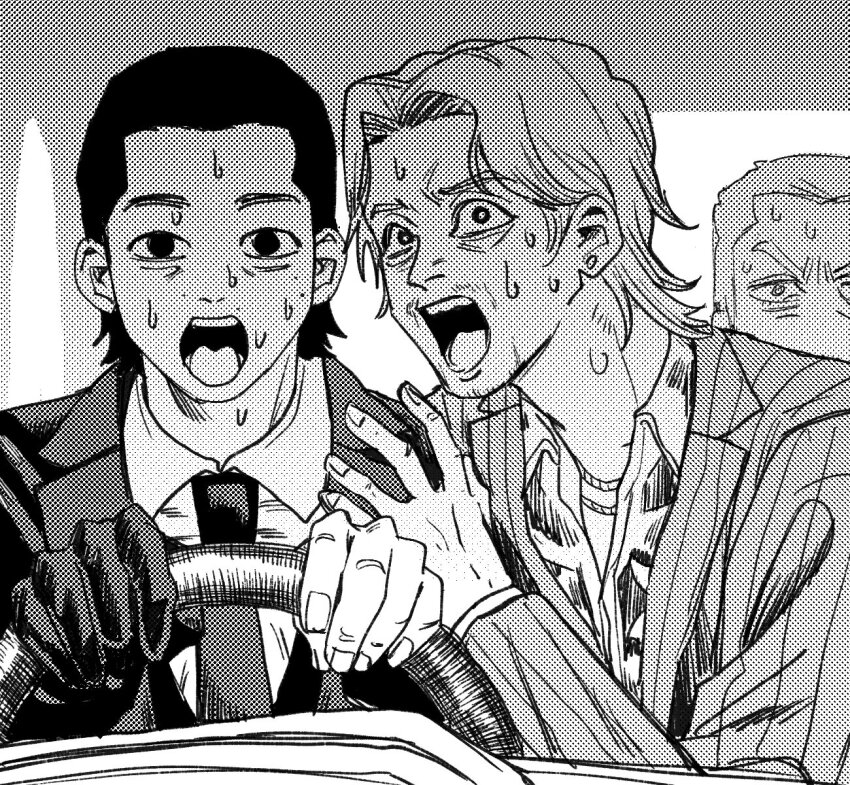 3boys, chainsaw_man, collared_shirt, dlcu3w, gloves, greyscale, hand_up, highres