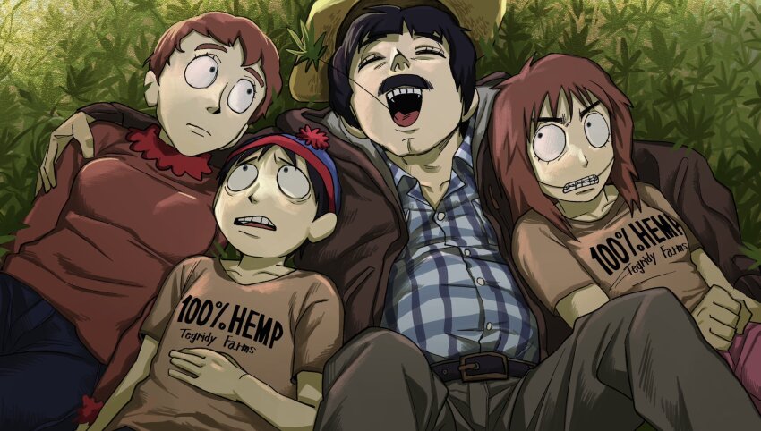 2boys, 2girls, arm_around_shoulder, beanie, black_eyes, black_hair, blue_headwear, blue_pants