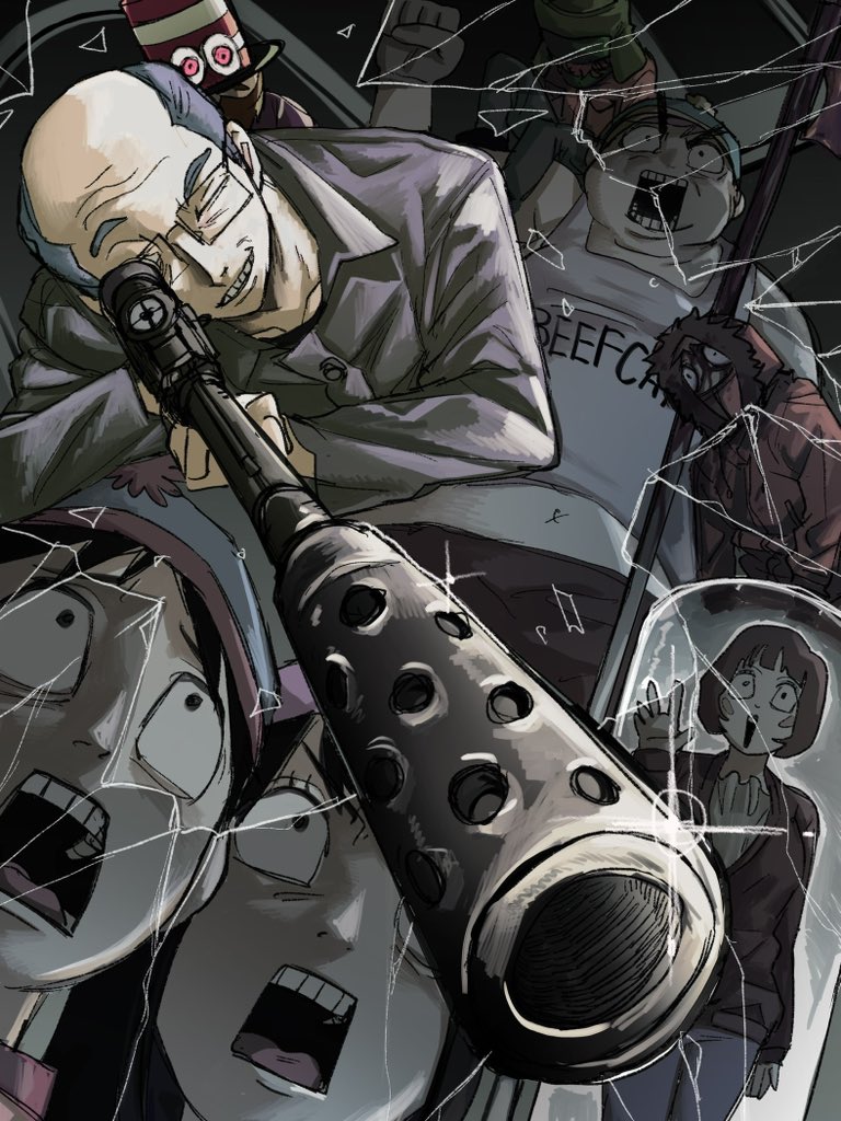 2girls, 5boys, aiming, bald, beanie, black_background, black_hair, blood