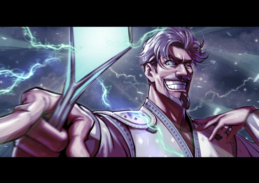 1boy, beard, electricity, electrokinesis, evil_grin, evil_smile, facial_hair, goatee