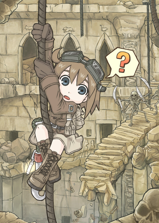 1girl, ?, baragon, blue_eyes, boots, brown_hair, extra_arms, female_focus, furiko-san, gloves, original, rope, skeleton, skull, solo, sword, weapon