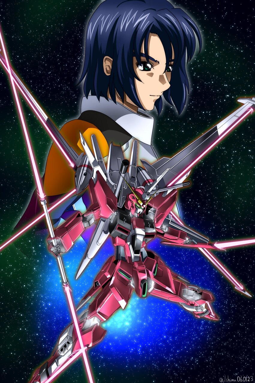 1boy, athrun_zala, energy_sword, blue_hair, commentary, double_blade, energy_blade, green_eyes