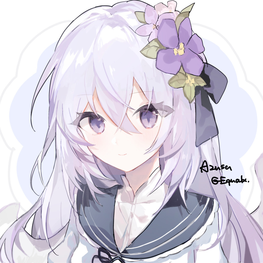 1girl, artist_name, azusa_(blue_archive), blue_archive, closed_mouth, equal02, flower, hair_between_eyes, hair_flower, hair_ornament, highres, long_hair, looking_at_viewer, purple_eyes, purple_flower, signature, solo, upper_body