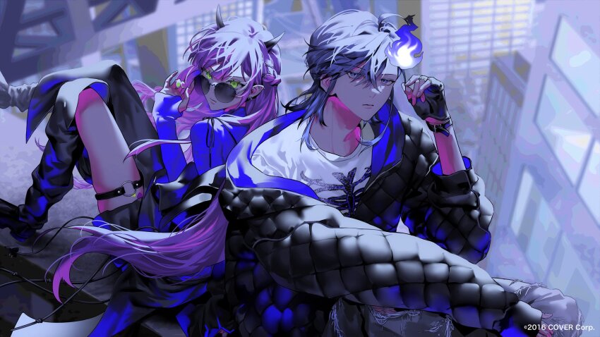 1boy, 1girl, adjusting_eyewear, ahoge, alternate_costume, asymmetrical_clothes, back-to-back, barbell_piercing