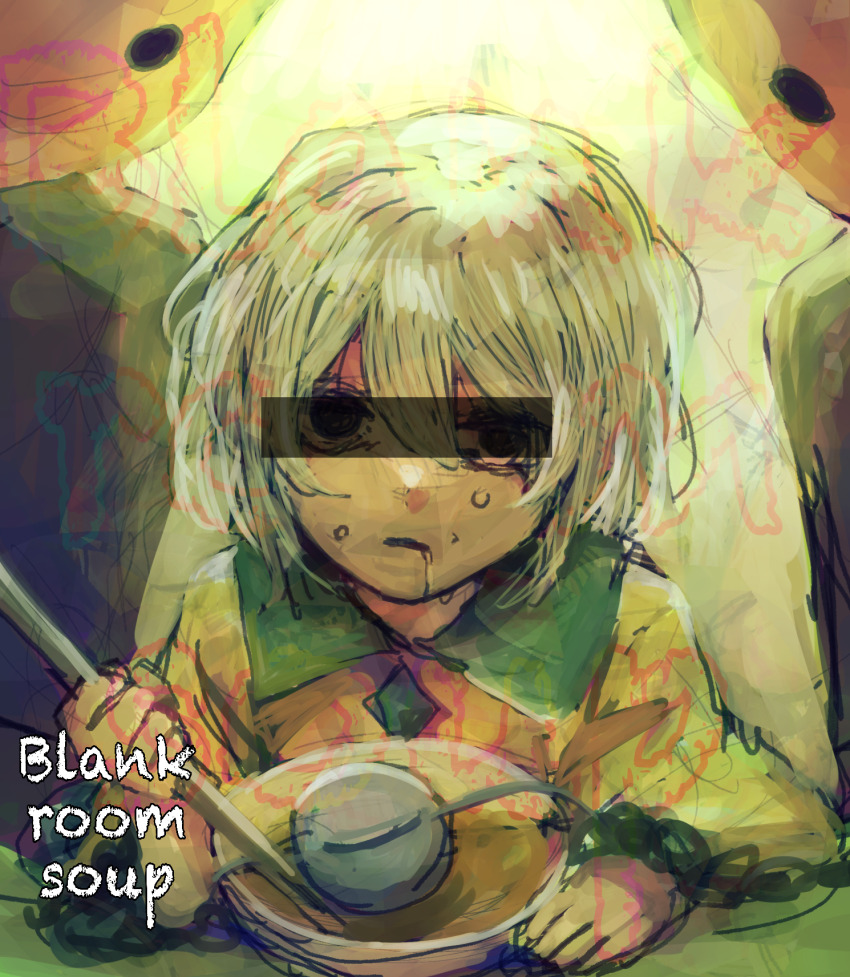 1girl, 2others, blank_room_soup, censored, censored_identity, commentary_request, food, highres