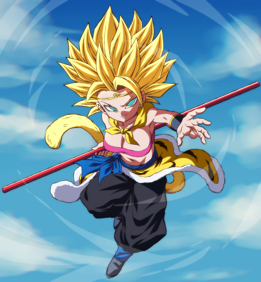 1girl, bare_shoulders, blonde_hair, blue_sky, bo_staff, breasts, caulifla, circlet