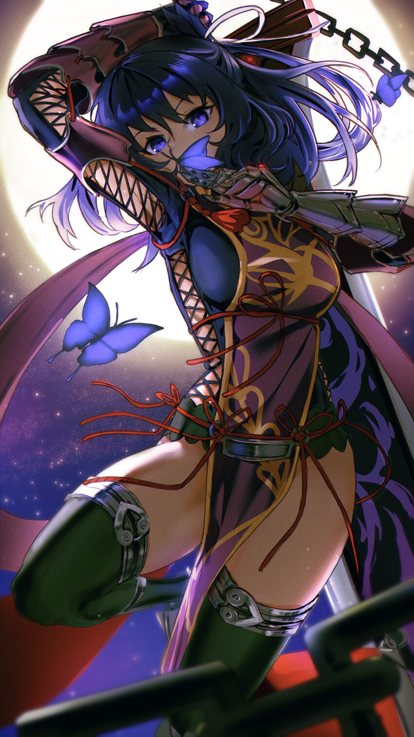 1girl, absurdres, ao_no_kiseki, armored_boots, blue_butterfly, blue_eyes, blue_hair, boots