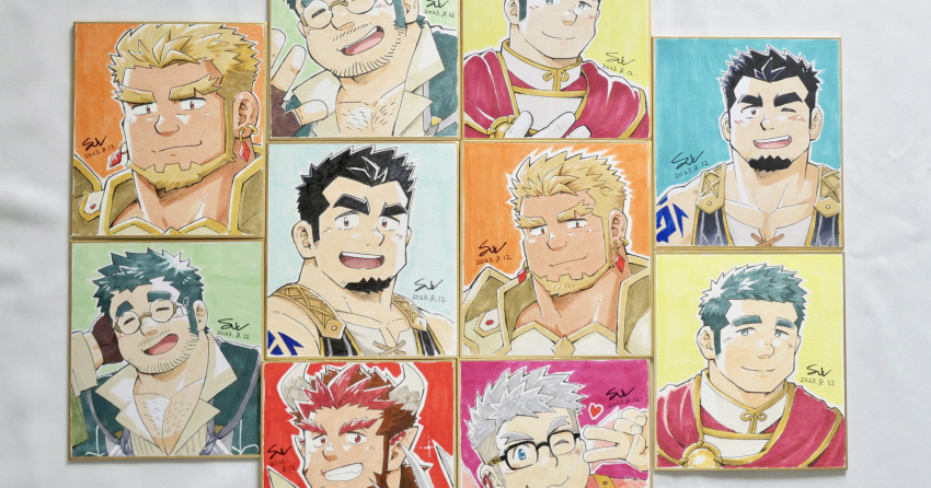 6+boys, =_=, annotated, bara, beard, beard_stubble, blush, chest_hair_peek