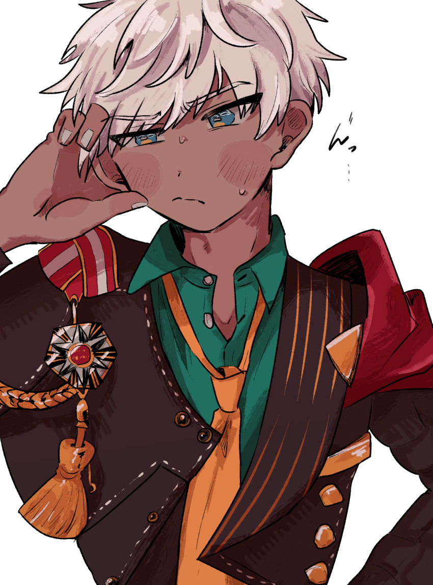 1boy, blue_eyes, blush, dark-skinned_male, dark_skin, furrowed_brow, hand_on_own_head, highres