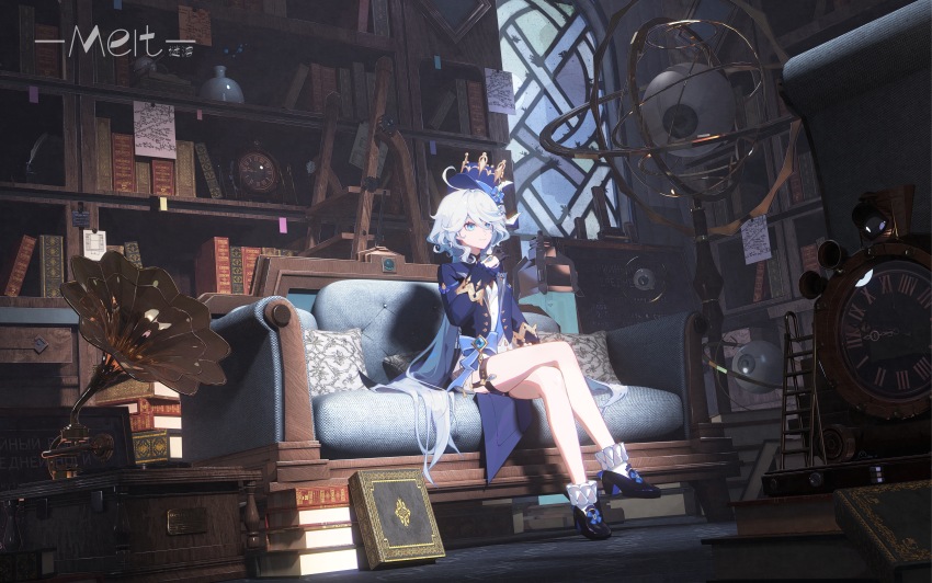1girl, absurdly_detailed_composition, absurdres, analog_clock, armillary_sphere, black_gloves, black_shoes, blue_bow