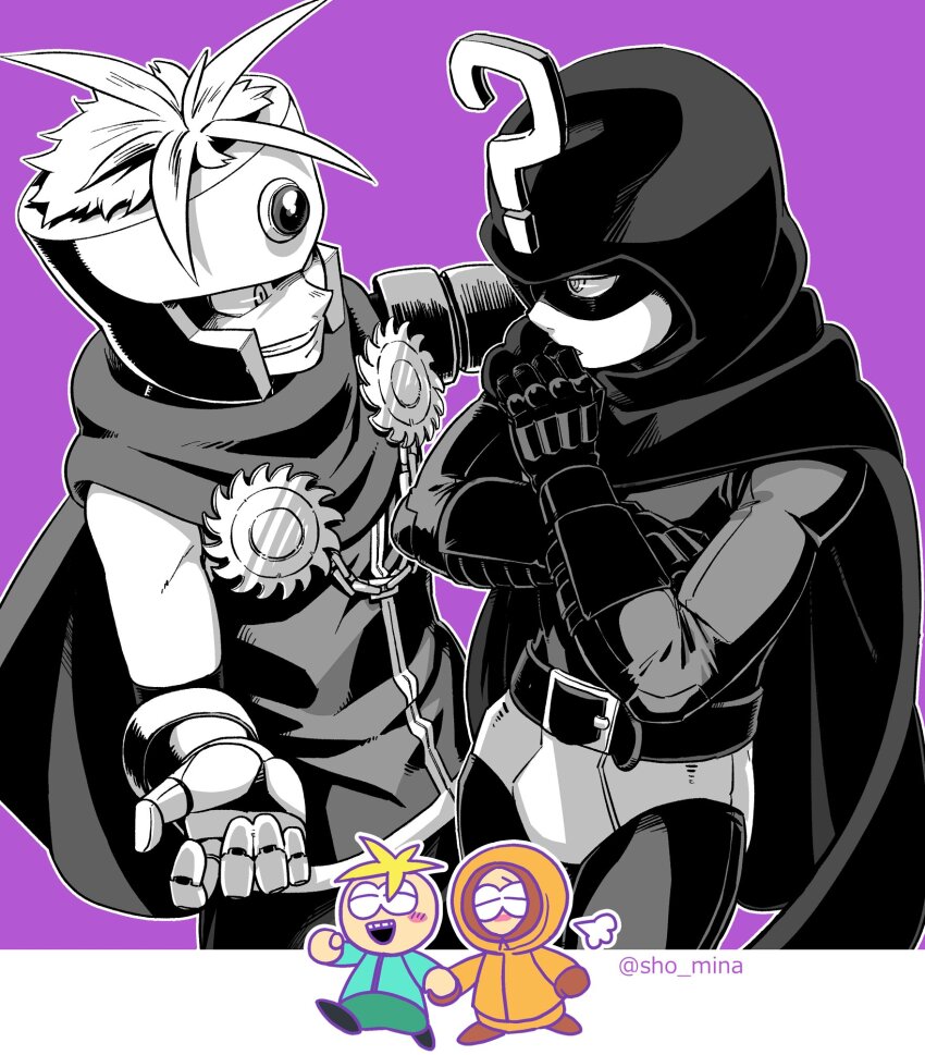 2boys, ^_^, belt, blonde_hair, blue_jacket, bodysuit, briefs, butters_stotch