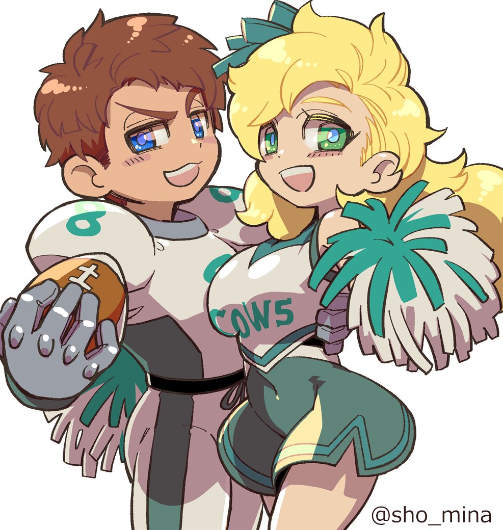 1boy, 1girl, american_football_(object), american_football_uniform, ball, bebe_stevens, blonde_hair, blue_eyes