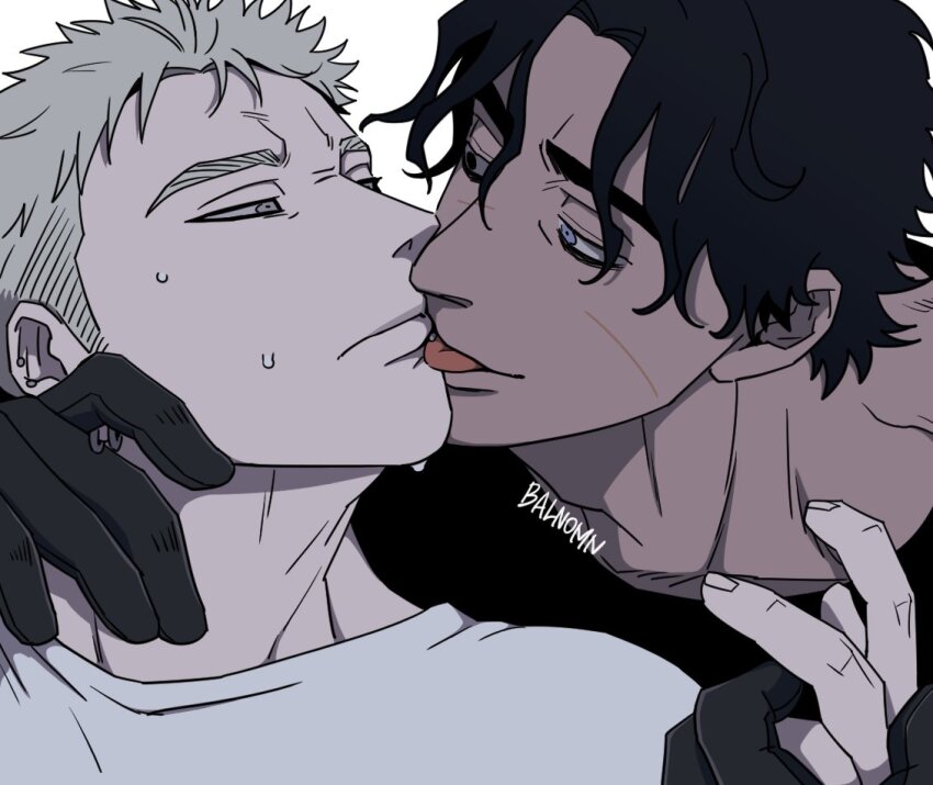 2boys, bags_under_eyes, balnom, bara, black_hair, close-up, couple, eye_contact