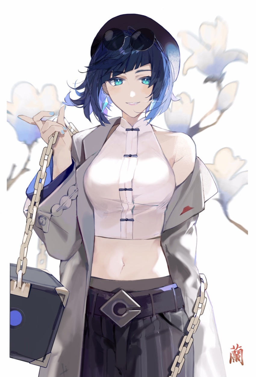 1girl, arm_at_side, belt, beret, black_hat, black_pants, blue_eyes, blue_hair