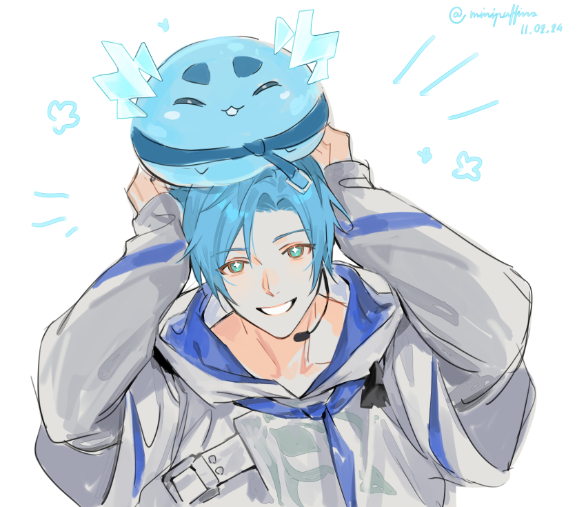 +_+, 1boy, absurdres, altventurer_(regis_altare), blue_hair, commentary, creature_on_head, dated